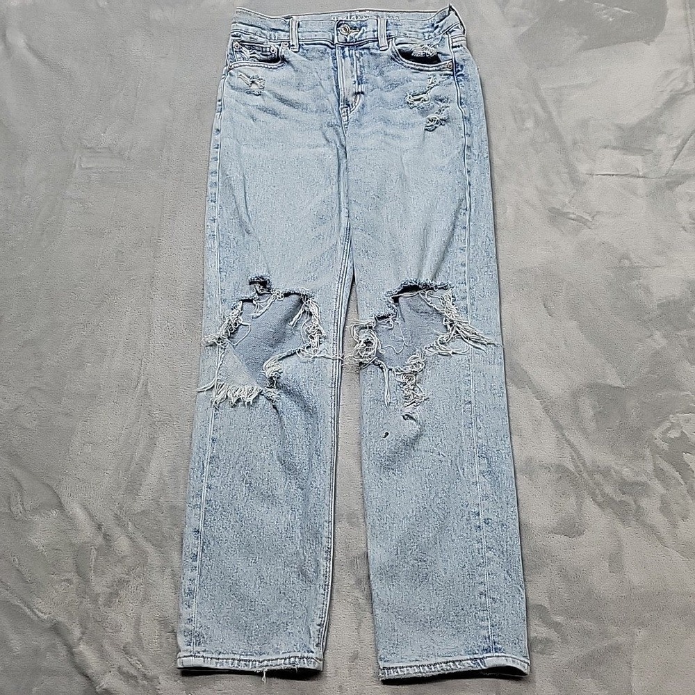 American Eagle Jeans Womens 4 Light Blue Real Good Distressed Straight Leg Denim